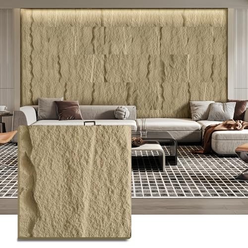 STORVIDA 3D Faux Stone Wall Panels Coverings Interior & Exterior Walls 23.62x23.62 Inch Accent Wall Panels Waterproof Easy DIY PU Artificial Stone Veneer Panels for Living Room Bathroom Stone Yellow