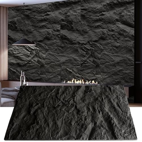 STORVIDA 3D Faux Stone Wall Panels 4 PCS PU Wainscoting Panel for Interior Wall Decor Cement Texture Thicker Accent for Home Office 43.3x23.6 inch Cement Black
