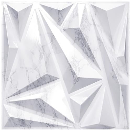 STORVIDA 3D Wall Panels for Interior Wall Decor Modern Diamond Wall Panels 12x12 inch White Marble Accent Wall Covering Panels for Gaming Room Bedroom TV Background